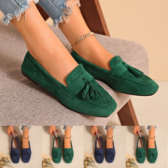 HAOTAGS Women's Casual British - Style Flock Toe Tassel Slip - on Sneakers,Split Toe Breathable Loafers Soft Shoes Green 6