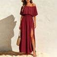 thumbnail image 5 of Karymi Off-the-Shoulder Ruffle Maxi Dress, Elastic Waist Side Split Chiffon Gown, Casual Summer Wedding Guest Beach Party Dress Summer Dresses for Women, 5 of 8