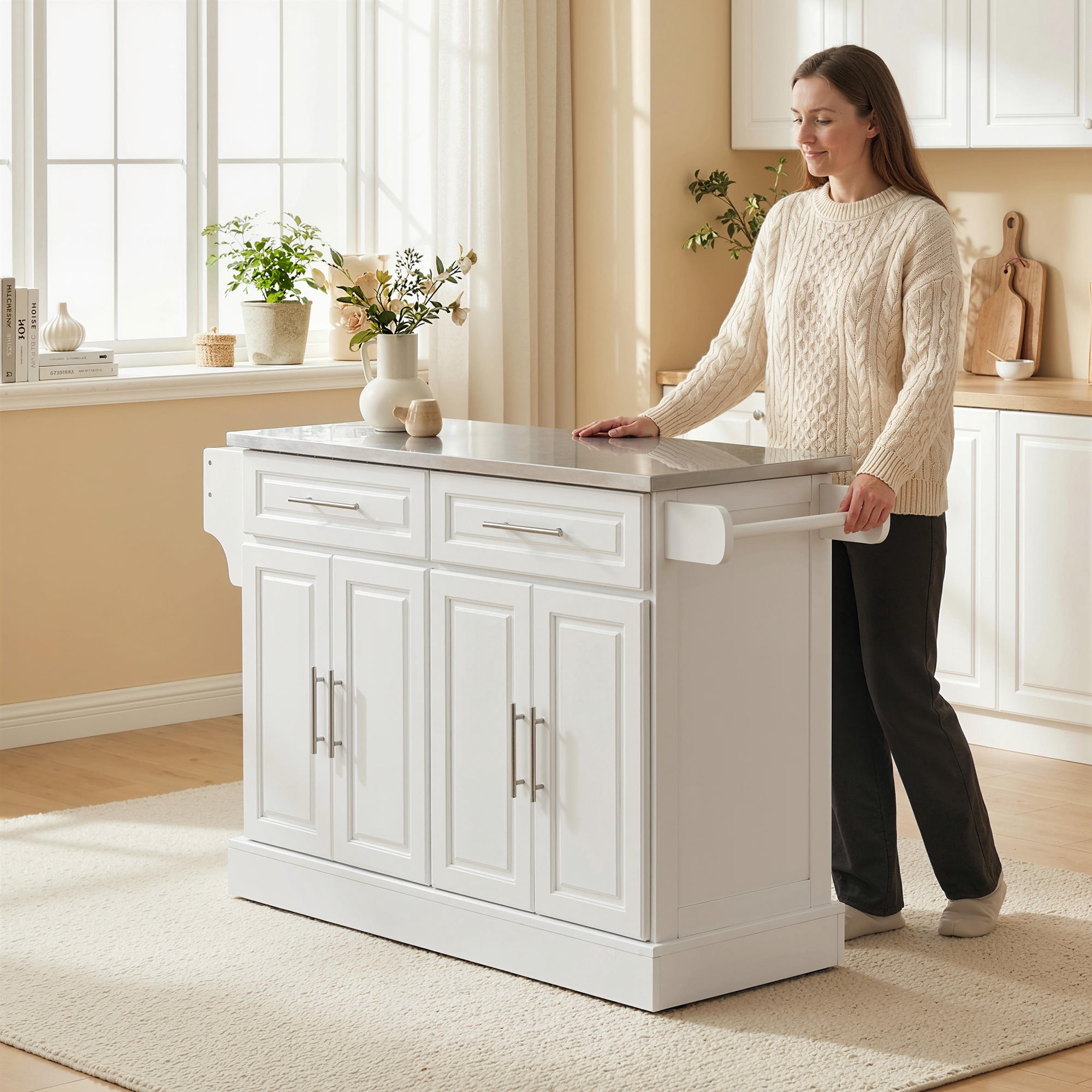 HOMCOM Rolling Kitchen Island Cart with Cabinets and Drawers, White