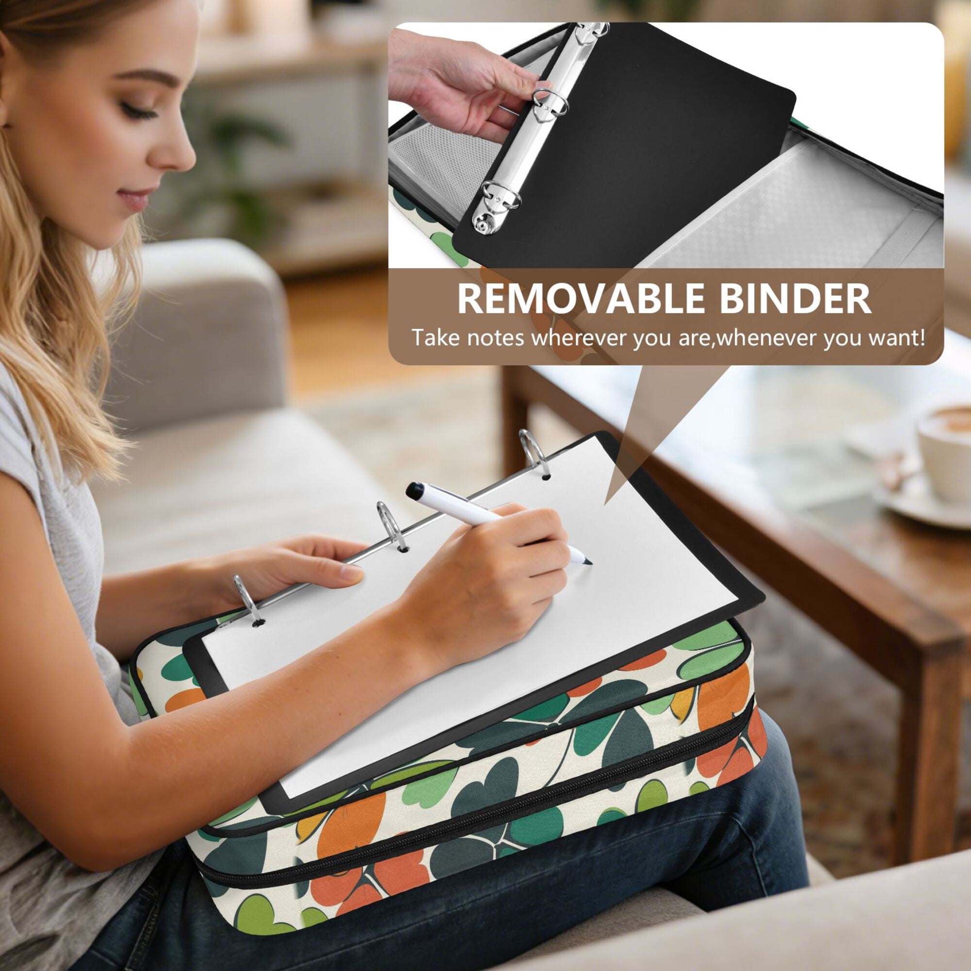 FORMRS Accordion File Folder A4 Size 7-Pocket Expanding Document Organizer Bag with 3 Ring Binder, White Clover Pattern
