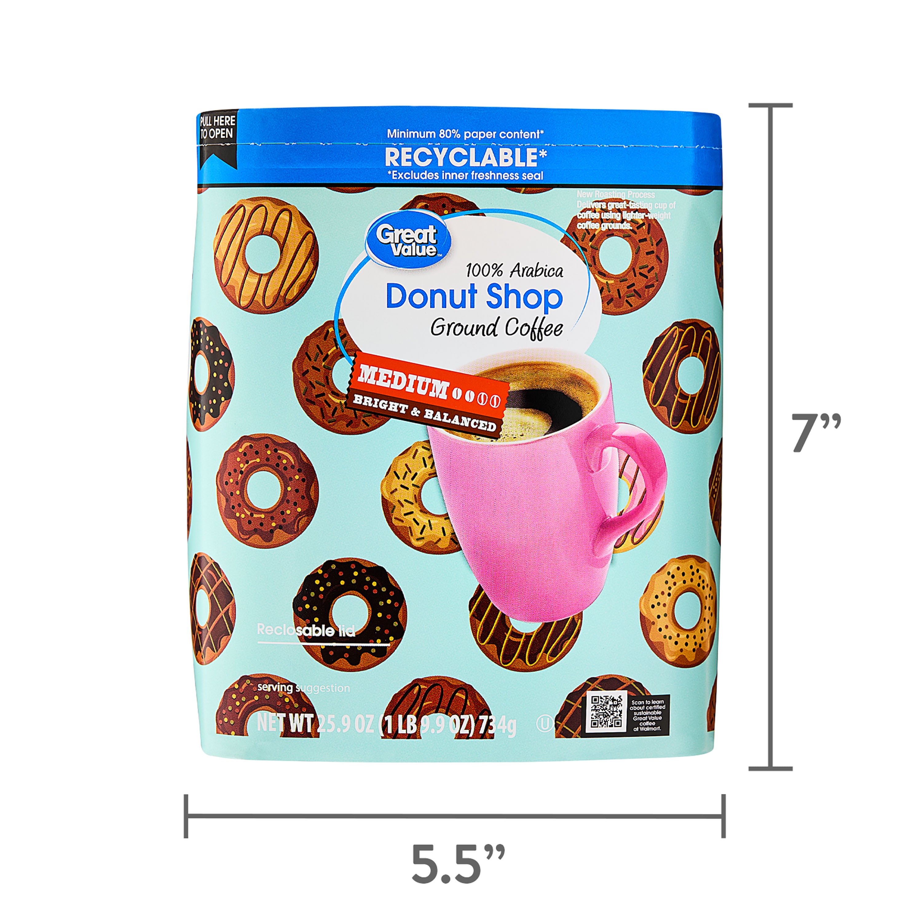 (6 pack) Great Value Donut Shop 100% Arabica Medium Ground Naturally Caffeinated Coffee, 25.9 oz