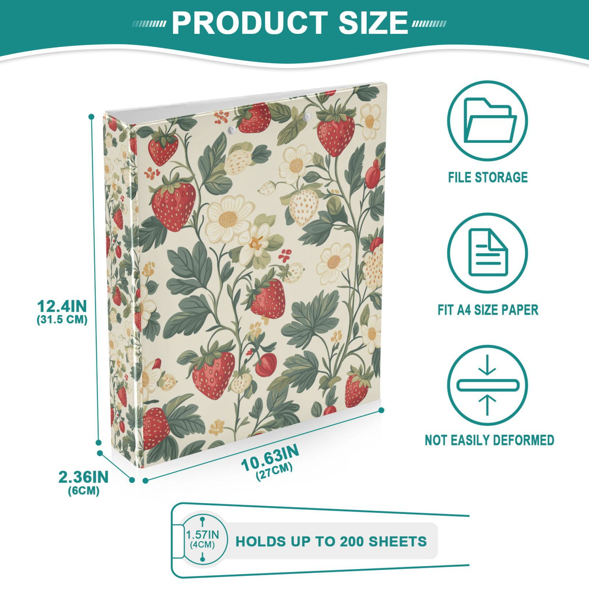 FORMRS 3 Ring Binder 1.5 inch with Pockets Clip Board 200 Sheets Capacity, Small Strawberry Pattern