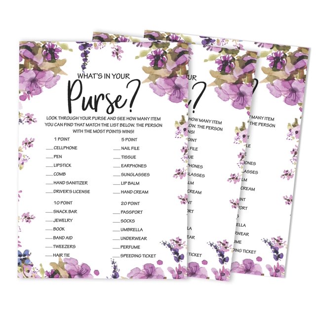 Inkdotpot FloralWedding Shower Bachelorette Party Bulk ActivityGameCardsWhats In Your Purse Bridal ShowerGame 50-Pack