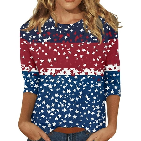 Tops For Women 2025  4Th Of July Print Round Neck Three Quarter Sleeves T-Shirt Built In Bra Tank Tops 2025 Corset Placed By Me Work Out Tops Gym Summer Tops Casual Outfits (4XL  Dark Blue) ZMTing