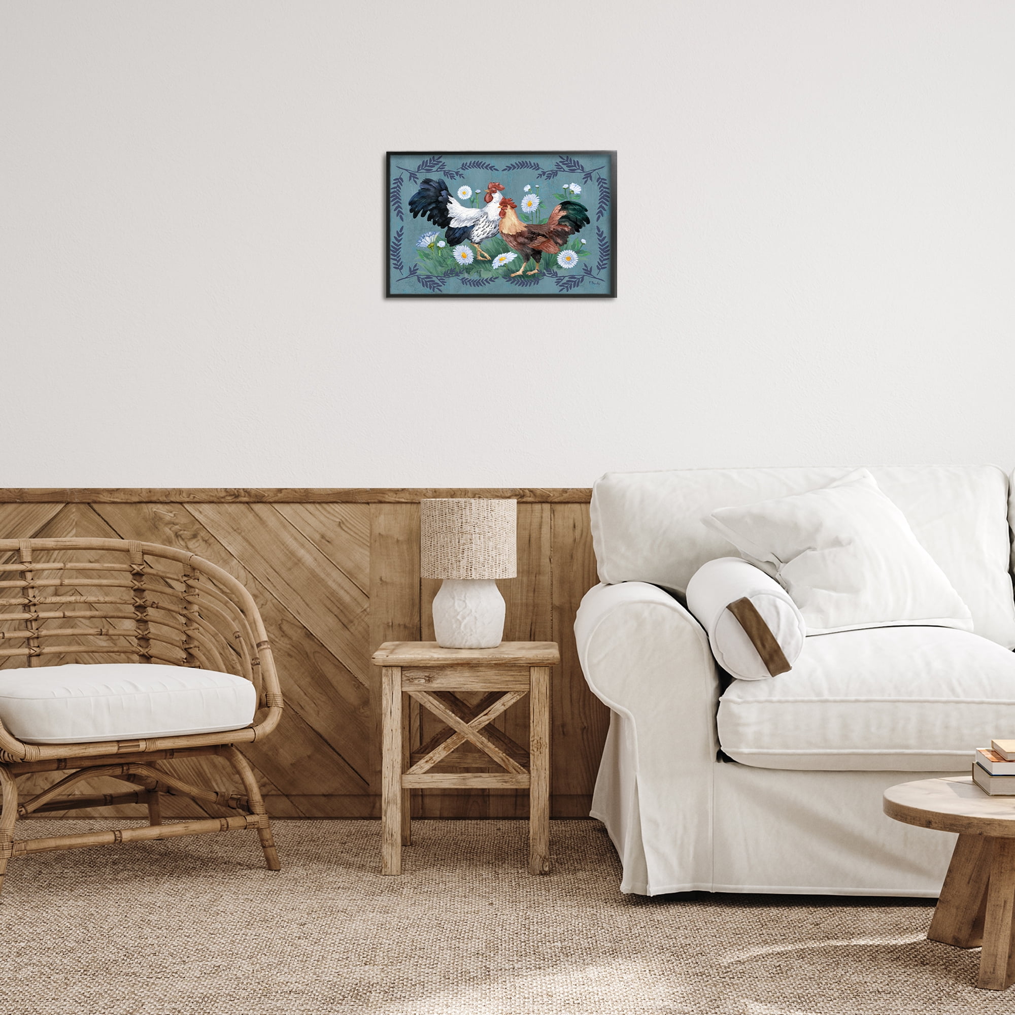 Stupell Industries Roosters with Fern Trim Animals & Insects Painting Black Framed Art Print Wall Art, 18 x 12