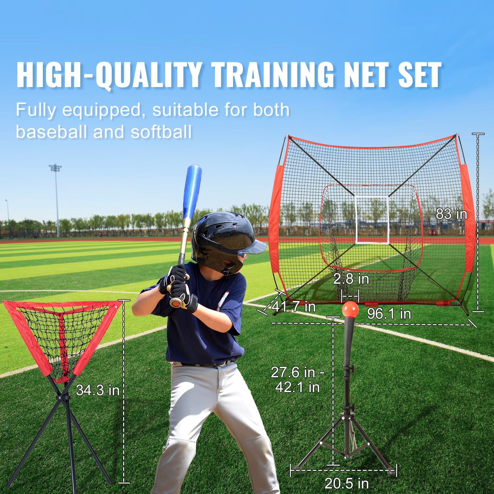 KFFKFF 7x7 ft Baseball & Softball Practice Net for Batting, Catching, and Pitching, Baseball Hit Net with Arc Frame, Transport Bag, Strike Zone, Sphere, Tee, and Ball Gatherer