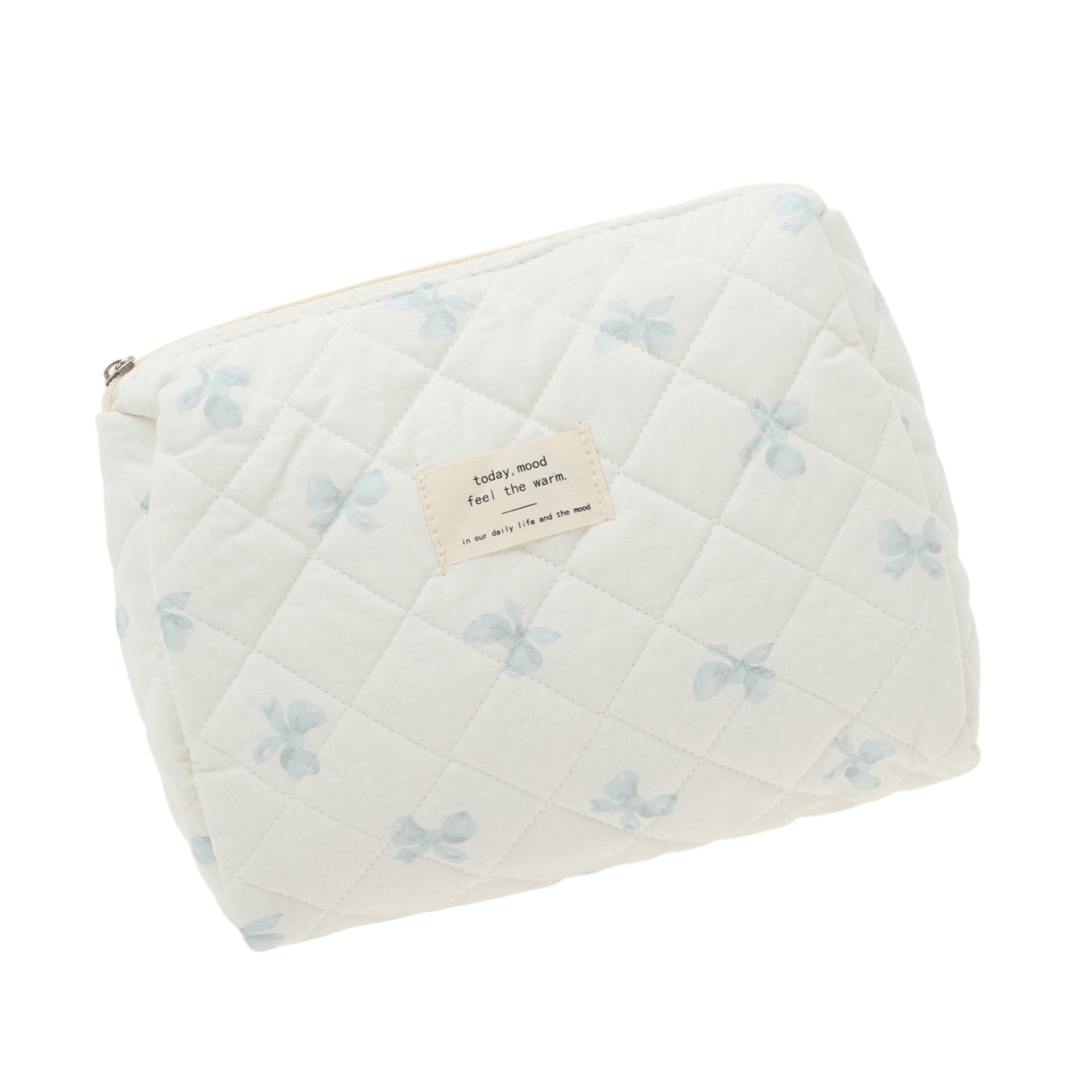 Unique Bargains 1 Piece Bow Quilting Makeup Bag with Smooth Zipper White, Blue
