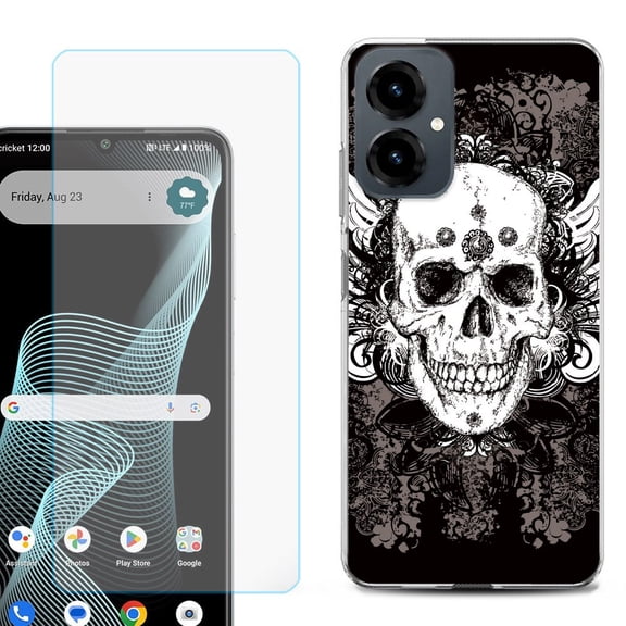 Shockproof Phone Case for Cricket Icon 2026, with Screen Protector, by OneToughShield - Grunge Skull