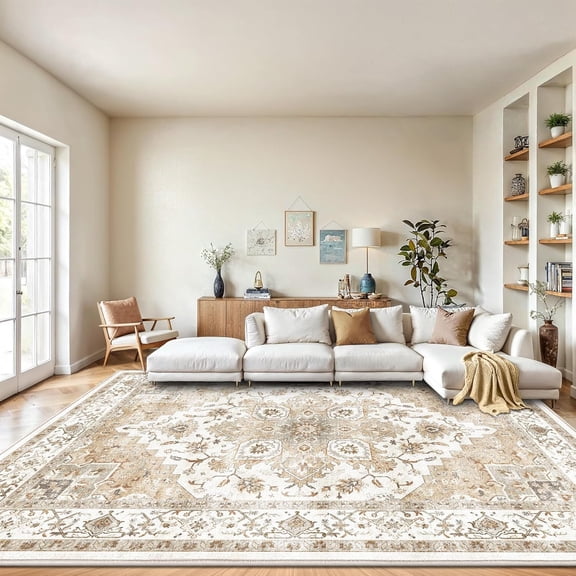 8 Foot by 10 Foot Low Profile Washable Area Rug with Non Slip Backing and Durable Edge Binding Beige Rectangular