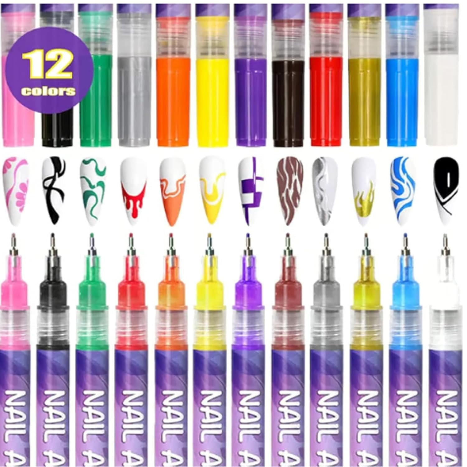 12 Colors Nail Art Pens Set, Nail Polish Markers, 2025 New 3D Polish DIY Nail Art Marker Drawing Painting Liner Pen, Quickly Dry Nail Art Nail DIY Decoration for Home Salon (1PC)
