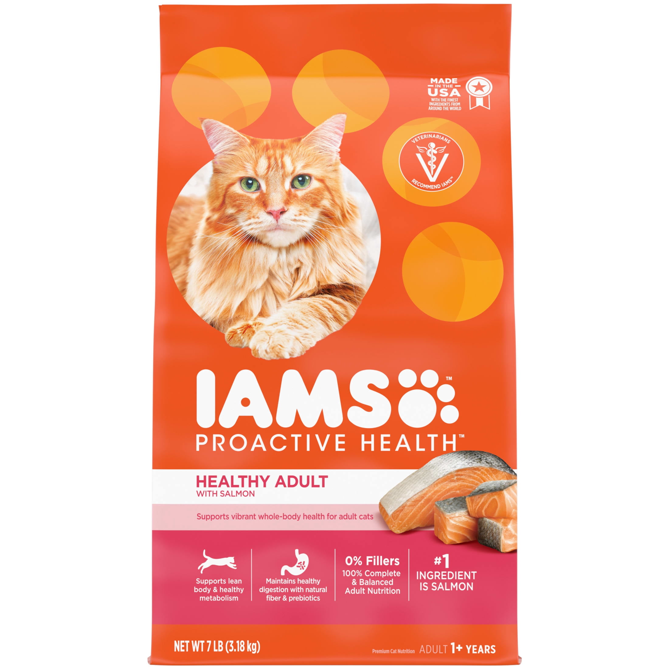 (4 pack) Iams Proactive Health Salmon Flavor Dry Cat Food For Adult Cats, 7 Lb Bag