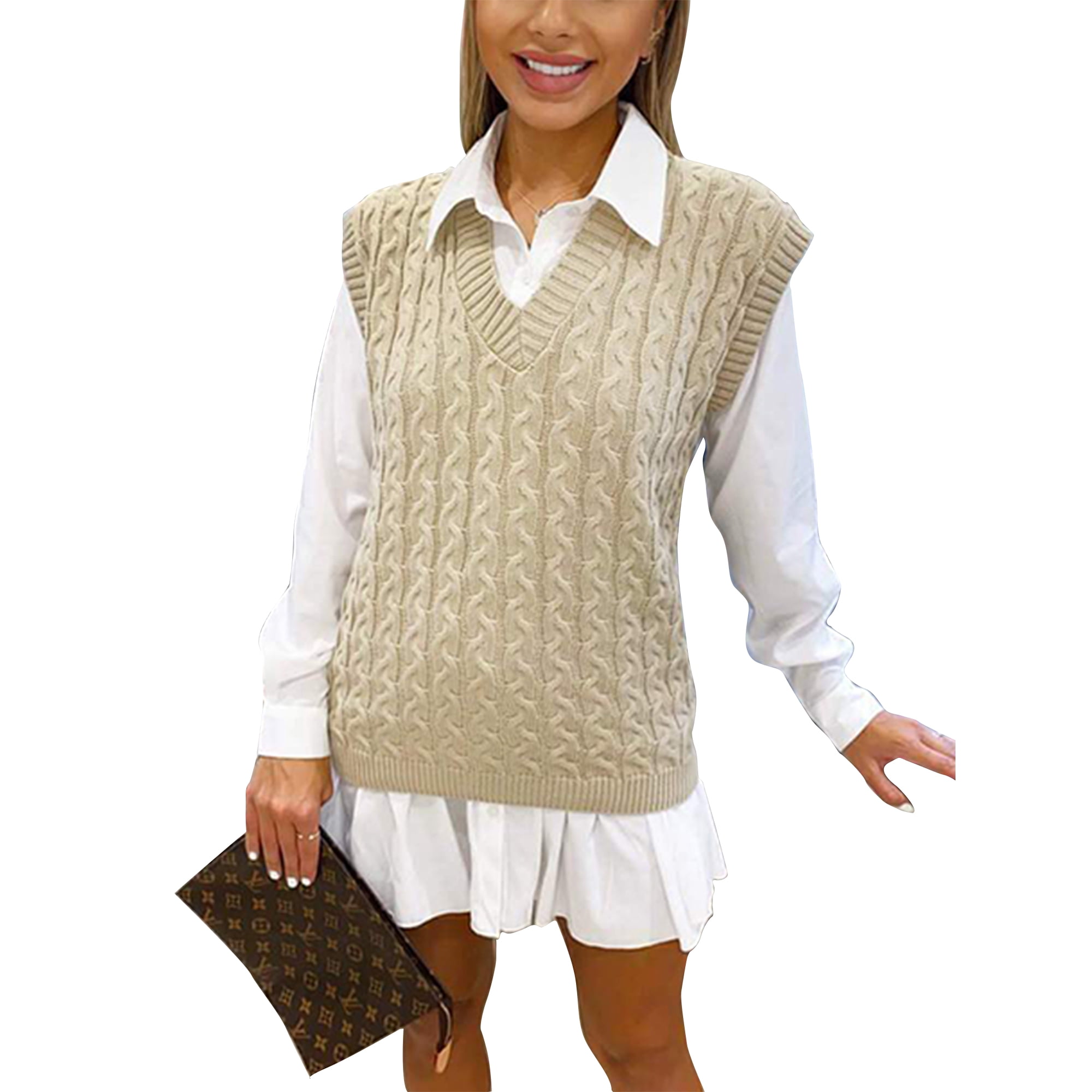 Grianlook Ladies Sweaters V Neck Sweater Vest Sleeveless Waistcoat Women  Knitted Pullover Plain Cable Knit Jumper Top Gray Apricot 2XL - Walmart.com
