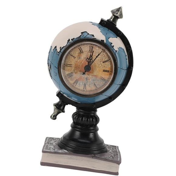 Desk Clock Vintage World Map Retro Antique Tabletop Clock with Piggy Bank for Home Office Desk Decoration