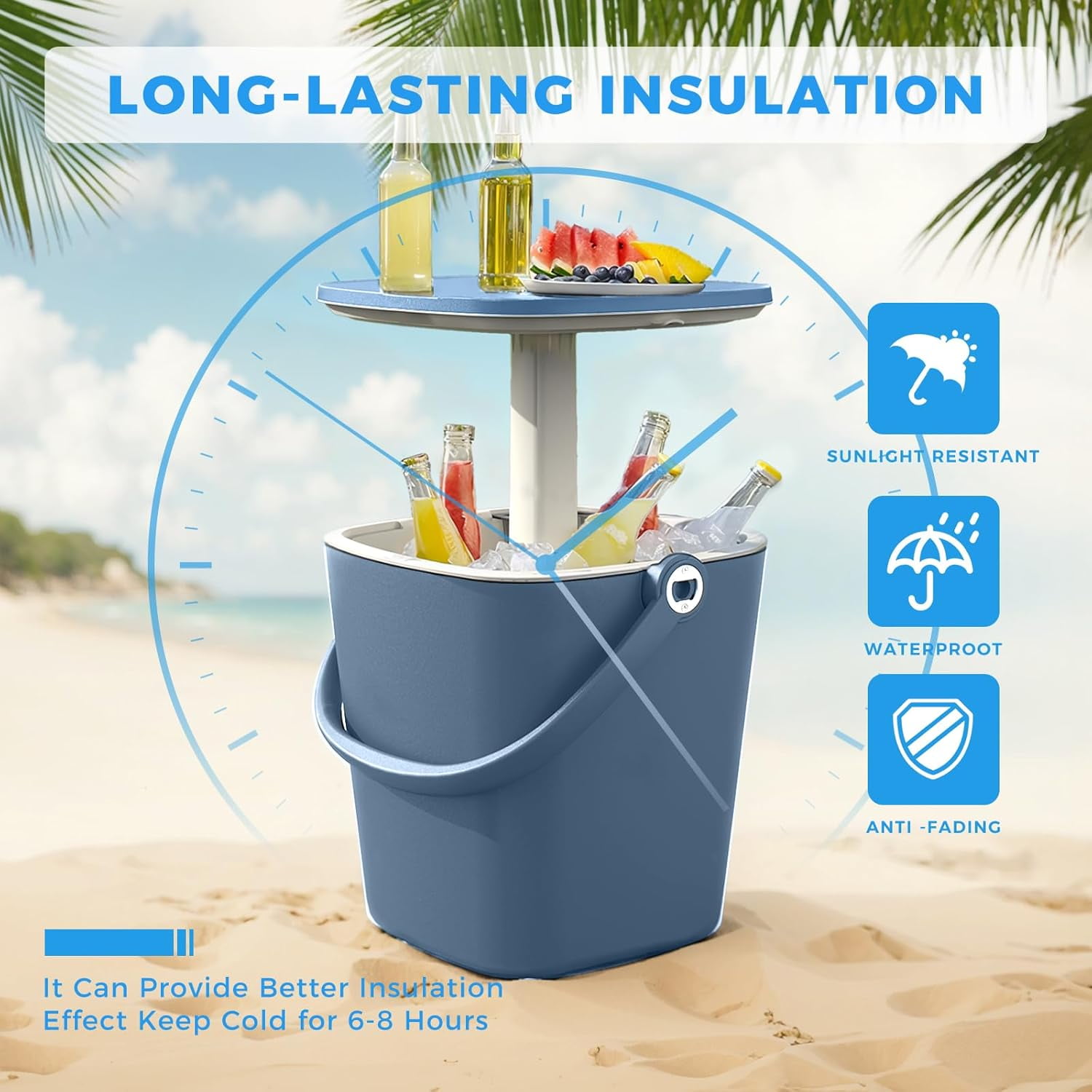 14.69×14.25×14.69 in Rattan Style Outdoor Cooler Table – 8 Gallon 3-in-1 Ice Bucket Height-Adjustable Design & Drainage Plug for Deck, Pool Parties, Barbecues & Picnics (Blue)