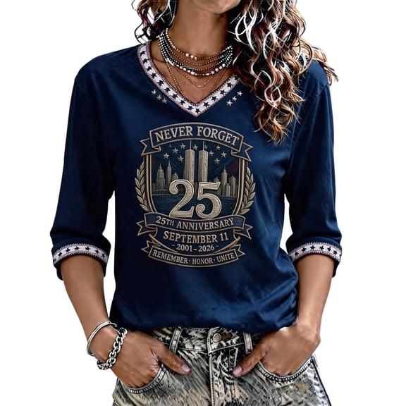 9/11 25th Anniversary Commemorative T Shirt for Women V Neck 3/4 Sleeve Graphic Memorial Shirts