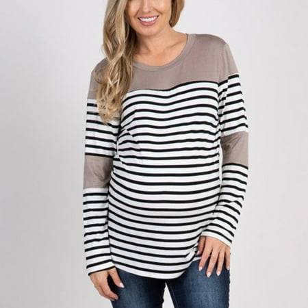 

Juebong Maternity Crewneck Stripe Stitching Long Sleeve Breast Feeding Pregnant Woman Long Maternity Shirts Nursing Blouse