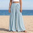 thumbnail image 6 of Women's Cotton Linen High Waist Tie Strap Pleated Wide Leg Pants, Elastic Waist Loose Pocket Resort Trousers, Soft Breathable Summer Bottoms for Travel Daily | TruHer,Light Blue XL, 6 of 7