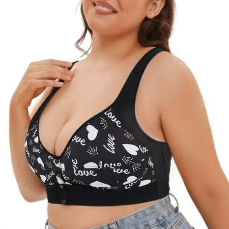 Gvdentm Women s Front Closure Bras Plus Size Printing Gathered Underwire Unlined Back Support Plunge Seamless Bra(Black 48E)