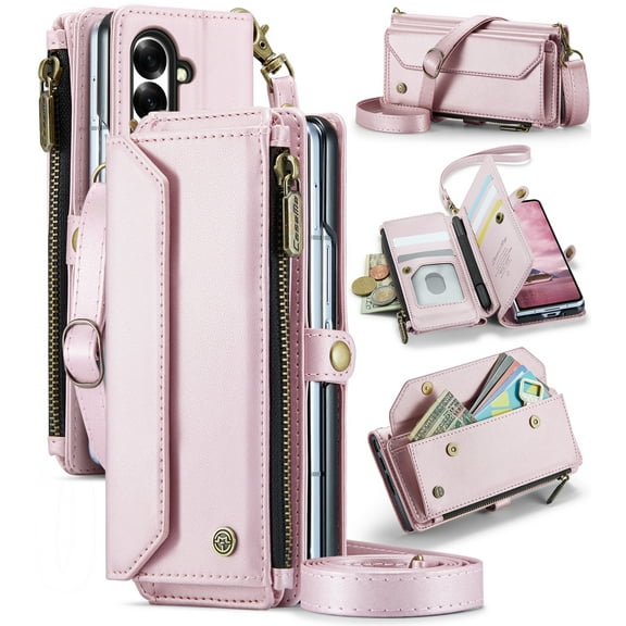 Asuwish Compatible with Samsung Galaxy Z Fold 7 5G 2025 Zipper Wallet Phone Case With pen slot Crossbody Lanyard Strap Flip Card Holder Slot Cell Cover for ZFold7 Z7 G Fold7 7Z Women Girls Rose Gold