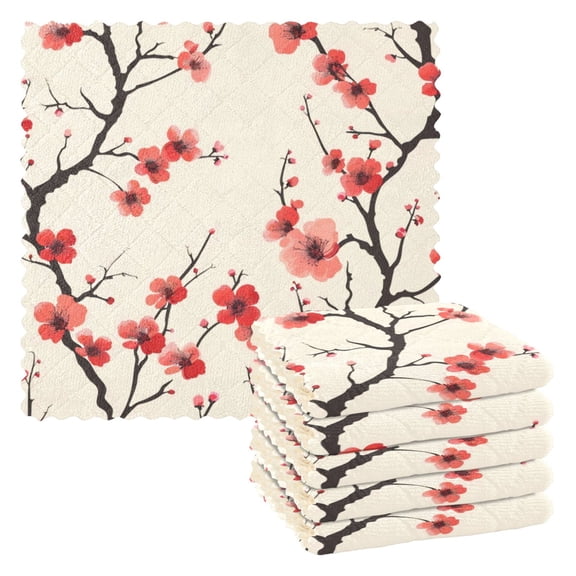 6 Pieces of Kitchen Towels 11x11Inch Kitchen Dish Cloths Kitchen Dish Towels Reuseable Cleaning Cloths Red Plum Blossom