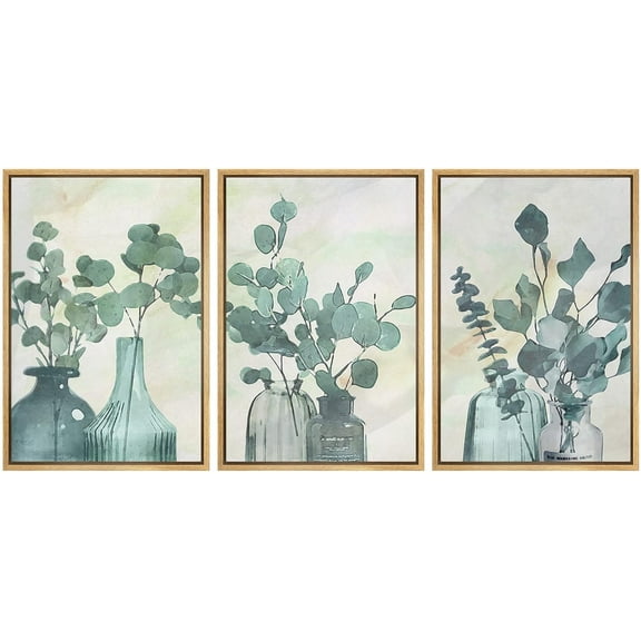 IDEA4WALL Framed Canvas Print Wall Art Set of 3 Watercolor Pastel Forest Leaf Variety in Bottles Wall Decor Boho Abstract Nature Plants Prints Nordic Zen Minimal Artwork - Natural 24"x36"x3