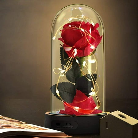 Beauty and The Beast Rose,Enchanted Red Silk Rose Lamp That Lasts Forever with LED Fairy String Lights,Fallen Petals and ABS Base in A Glass Dome,Best Gift for