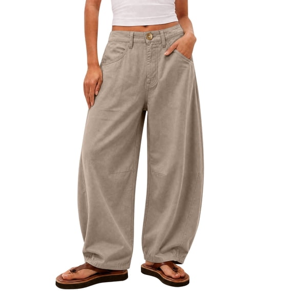 SuTry Women's Pants Button Fly Mid Rise Barrel Wide Leg Jeans Stitched Detail Side Pockets Relaxed Baggy Casual Cotton Blend Trousers