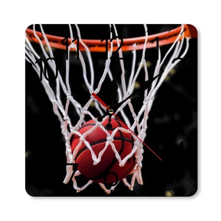 RKSupls 10 × 10 inch Square Silent Wall Clock Wooden Frame, Basketball Hoop Net Ball Scale