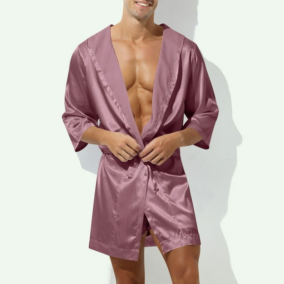 uublik Mens' Pajama Satin Robe Sleepwear Bathrobe Hooded Nightshirt Pink