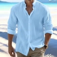 thumbnail image 2 of WTOBBYMen's Pure Cotton Linen Long Sleeve Bowling Shirt Vintage Design, Button Down Collar Casual Beach Top for Summer Vacation & Retro Styling,Sky Blue 3XL, 2 of 4