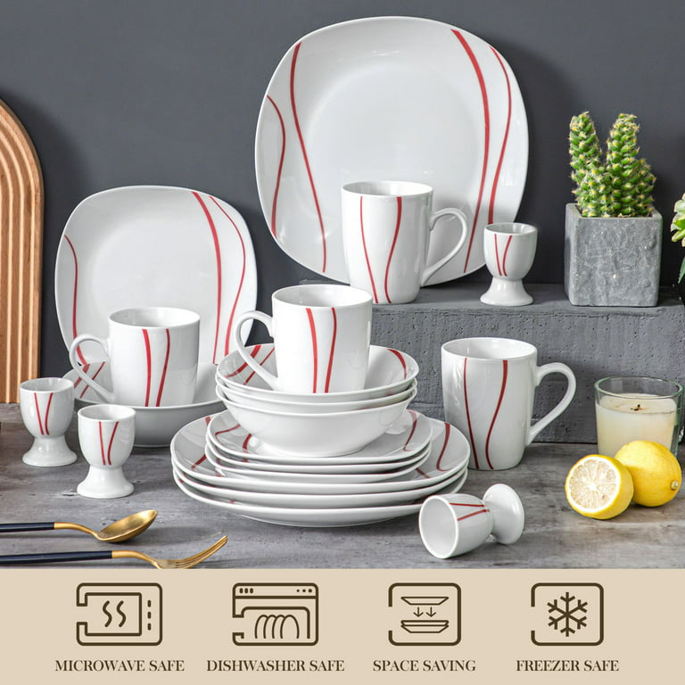 MALACASA, Series Felisa, 36-Piece Porcelain Dinnerware Set, Red Stripes  Ivory White Dinner Set, Service for 12 