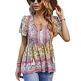 thumbnail image 4 of Top Con Cuello En V Y Estampado Floral, Cómodo Para Usar Con La Piel Botón Delantero Con Cuello De Correa Camisa Con Estampado Floral Para Mujer Dobladillo Que Fluye Para El ZAQW Amarillo XL, 4 of 6