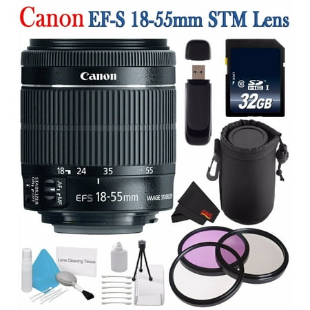 Canon EF-S 18-55mm F/3.5-5.6 IS STM Lens + 58mm 3 Piece Filter Kit + SD Card USB Reader + 32GB SDHC Class 10 Memory Card + Deluxe Starter Kit + Deluxe Lens Pouch Bundle (International Version)