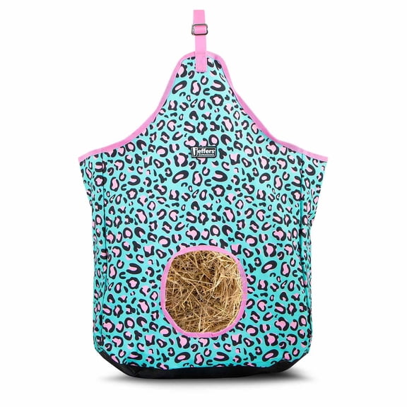 Jeffers Expression Top Loading Hay Bag for Horses & Livestock – Durable 600 Denier Hanging Hay Feeder, Water Resistant with Mesh Bottom, Easy Hanging Snap for Stall, Trailer, Travel - Party Cheetah