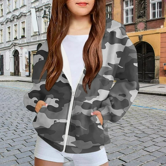 SGFCWSX Girls Hooded Sweatshirts Full Zip Hoodie Kids Camouflage Loose Sweatshirt Jacket Gray Size 7 Years