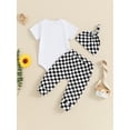 thumbnail image 5 of FEORJGP Infant Baby Girl Boy 3 Piece Summer Outfits 0 3M 6M Newborn Short Sleeve Rompers Letter Print Crew Neck Jumpsuits Checkerboard Pants Hat Little Girls Boys Fashion Casual Daily Clothes Set, 5 of 9