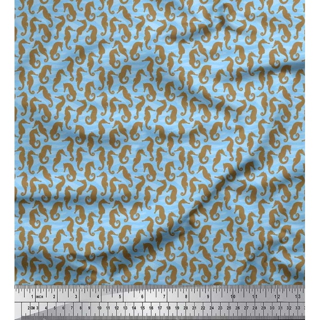 Soimoi polyester Crepe Fabric Sea Horse Ocean Printed Fabric 1 Yard 52 Inch Wide
