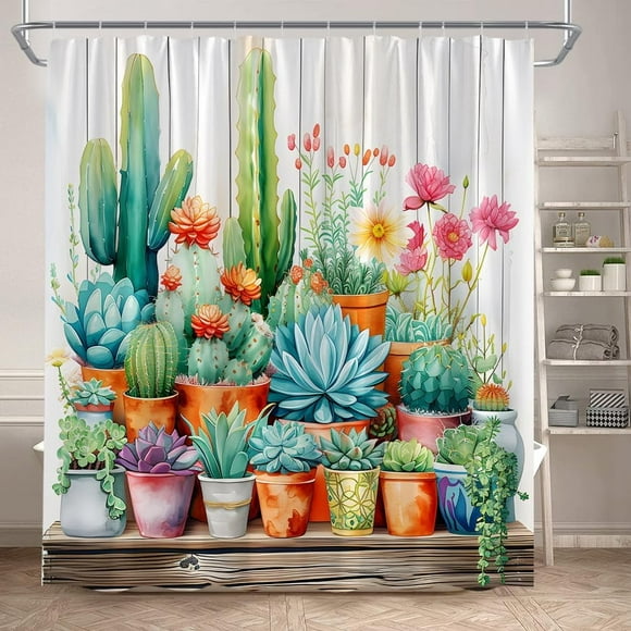 Cactus Spring Tropical Shower Curtain - 36 x 70 in Succulent Plants & Wildflowers Farmhouse Vintage Barn Wooden Board Decor Watercolor Desert Theme Includes Hooks