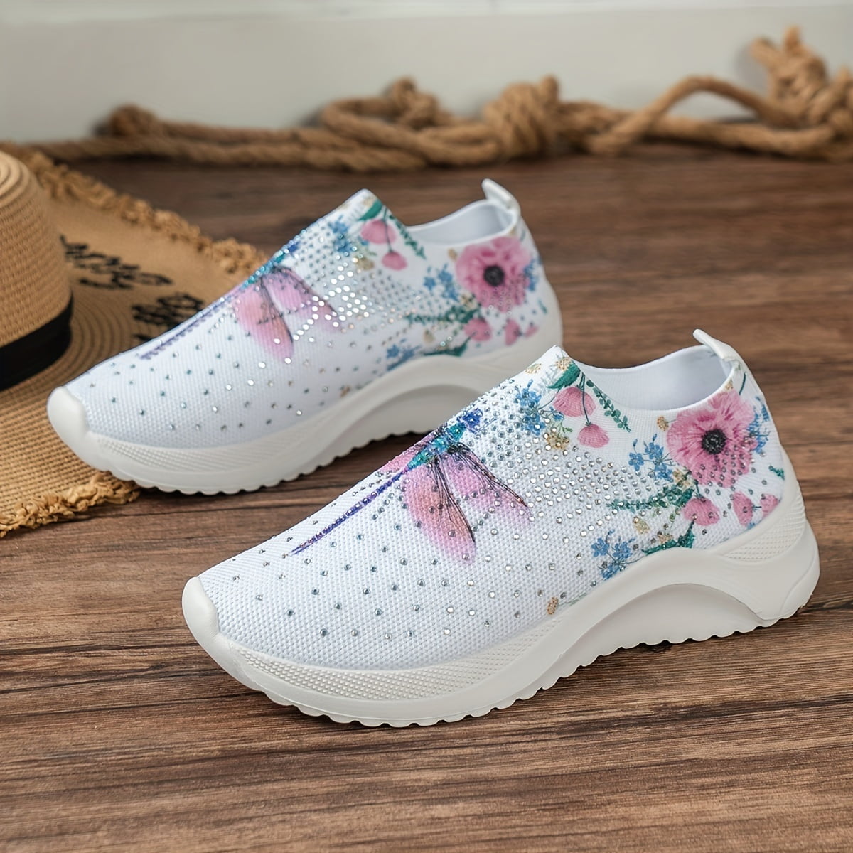 Les Baskets Imprimees en Strass et Libellule pour Femmes Glissent sur des Chaussures a Chaussettes Tissees Volantes a Bas Prix Chaussures Confortables pour l Exterieur Walmart