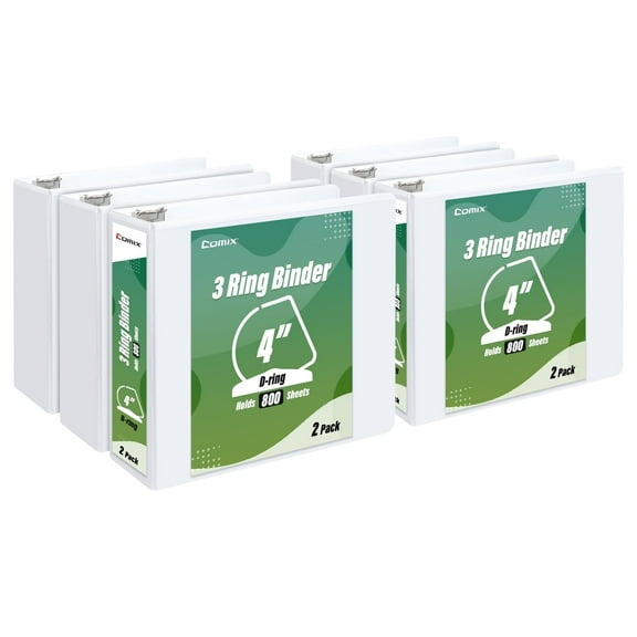 Comix Heavy-duty 4-inch 3 Ring Binder, D Ring, Hold 835 Sheets, 6 Pack White