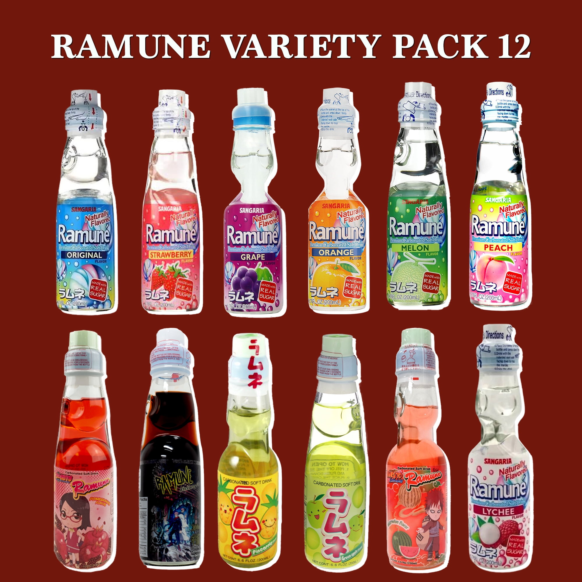 Ramune Japanese Soda Variety Pack 12 Flavors - Authentic Marble