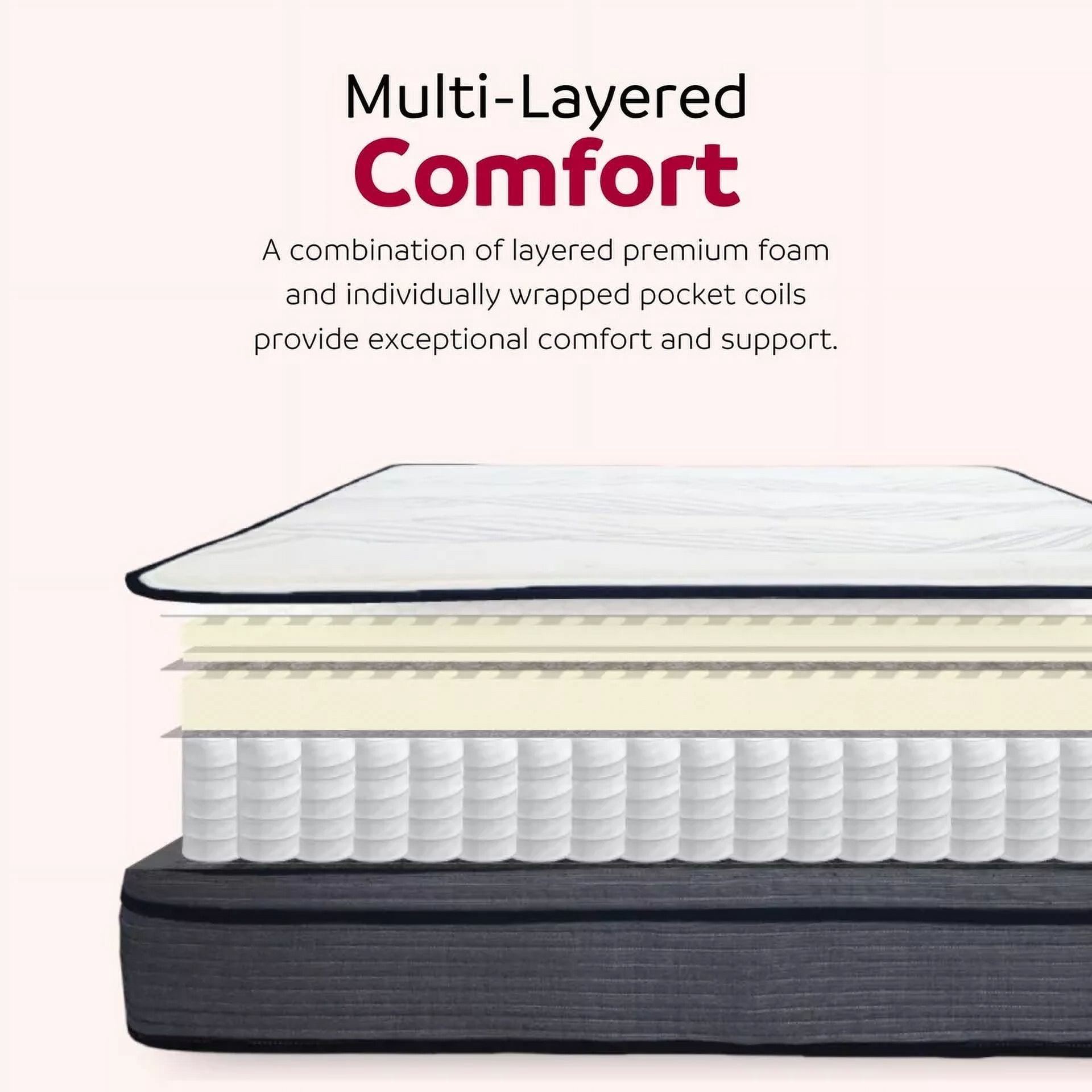 Plush 14 in. California King Pocket Coil Hybrid Mattress with Multi Layered Foam, Pressure Relief Mattress in a Box, White/Gray