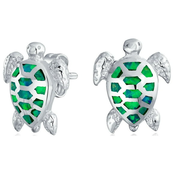 Nautical Tropical Beach Vacation Iridescent Green Created Opal Inlay Sea Tortoise Turtle Stud Earrings for Women Teen .925 Sterling Silver 13MM
