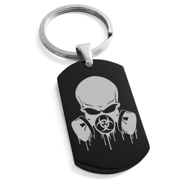 Stainless Steel Biohazard Skull Gas Mask Engraved Dog Tag Keychain Keyring