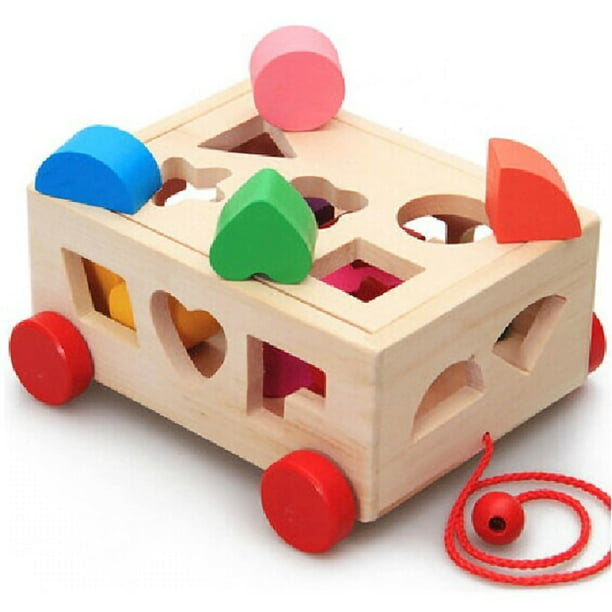 Juguete de madera con forma de carrito para el desarrollo de habilidades con 15 agujeros, caja de inteligencia con bloques para niños de 0 a 3 años