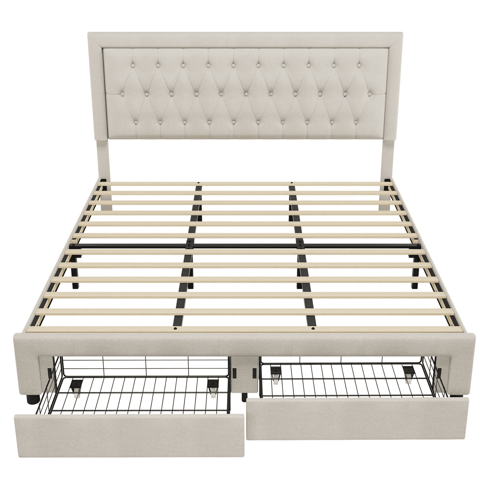 Homfa King Size 2 Drawers Bed Frame, Linen Upholstered Platform Bed with  Adjustable Button Headboard, Beige 