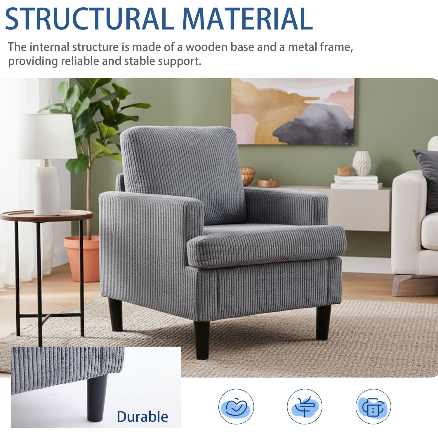 Modern Accent Chair Cozy Living Room Chairs Mid Century Modern Accent Chairs Reading Chair with Armrests for Living Room, Bedroom and Study（Grey）