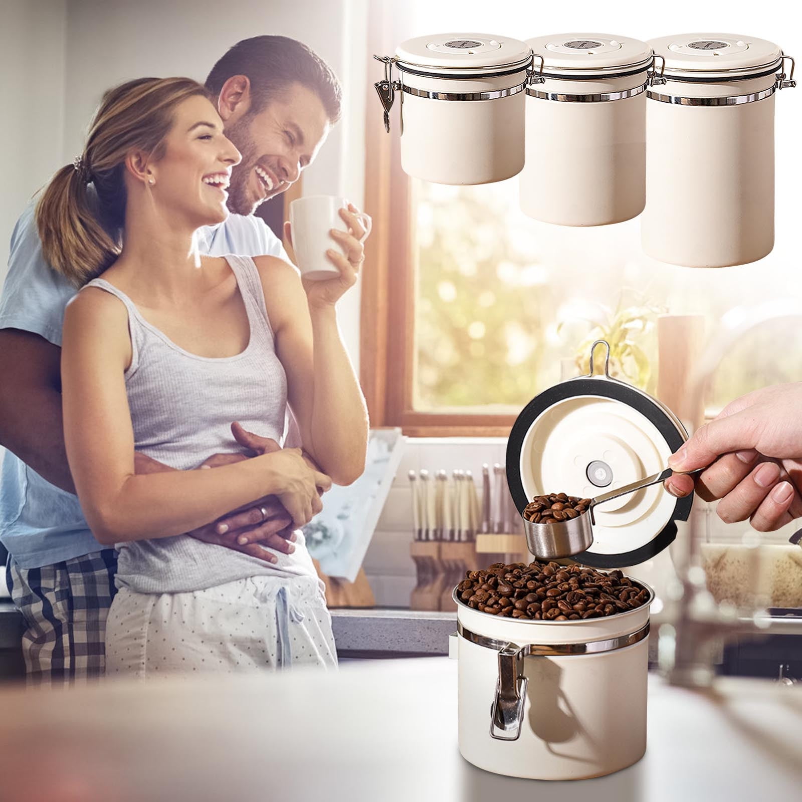 Matoen Coffee Canister Storage Container - Stainless Steel Airtight Coffee Bean Storage Grounds Container, Kitchen Food Container Jar for Cereal, Sugar, Tea, 1.8L