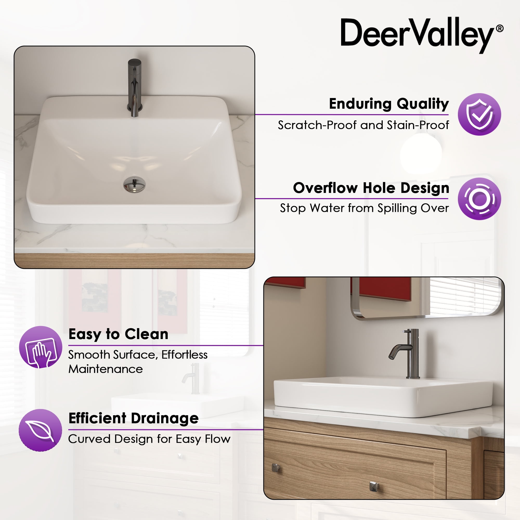 DeerValley 23.82" L x 18.9" W x 6.69" H White Rectangular Vitreous China Drop-in Bathroom Sink with Overflow DV-1DS0121