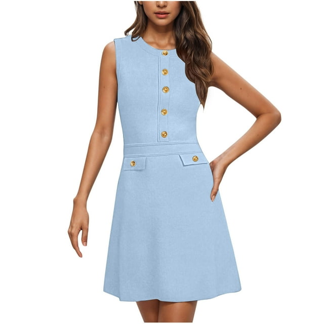 VEKDONE Womens Solid Color Round Neck Sleeveless Decorate Button Cultivate Oneself Work Sundress Light Blue XXL